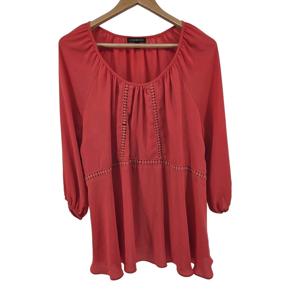 Lane Bryant Boho Peasant Blouse Scoop Neck 3/4 Sleeve Coral Women's 14/16